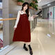 Maternity dress spring and autumn new design sense maternity wear loose doll collar shirt + vest sweet age-reducing trend red two-piece set L