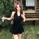 乐卡利法式纯欲性感辣妹风收腰设计挂脖连衣裙女2025夏季新款赫本风裙子 挂脖连衣裙黑色配花朵M 80-100斤