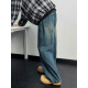 
ZENGZHI Retro Blue Wide Leg Jeans Men's Spring New Loose Straight Pants 2025 American High Street Vibe Casual Pants Black Gradient 1049 M