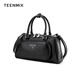 Tianmeiyi women's bag cowhide bowling bag hand grip pleated bag commuter crossbody hand-held shoulder bag birthday gift for girlfriend black