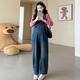 Ailanting's new autumn and winter pure cotton denim overalls for pregnant women, loose wide-leg overalls, slimming knitted V-neck tops, 2 sets, blue single-piece overalls L recommended 115-130 Jin Jin equals 0.5 kg