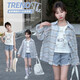 Girls Korean style plaid children's gentle style cardigan medium and large children girls plaid long sleeve jacket loose casual shirt KTM-W30 blue Korean style plaid shirt 150