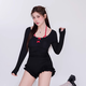 Quan Biyan swimsuit for women, conservative with breast pads, large size for fat mm, hot spring vacation, high-end, slimming, belly-covering, pure lust, one-piece long-sleeved, black and red, one size fits all, recommended 120-150 Jin Jin is equal to 0.5 kg