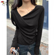 Woodpecker Swing Collar Long Sleeve T-Shirt Women's Autumn New Pure Desire Off-Shoulder Design Slim Bottoming Top Apricot L