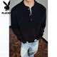 Playboy Henley Collar Half Turtleneck Sweater Men's Autumn American Loose Sweatshirt Jacket Men's Lazy Style Sweater Men Black 2XL