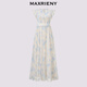 Maxrieny [Gleiches Modell in Fang Yuan] Blue Stern Blumenkleid elegante kleine fliegende Ärmel Falten Temperament Taille-Close Long Kleid Sommer Beige M.