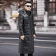 Matchstick extra long knee-length leather jacket for men, sheepskin jacket, hooded leather windbreaker, fur collar, thickened leather jacket, winter trendy black M