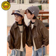 G.duck parent-child wear 2025 new autumn and winter PU leather jacket for a family of three, versatile jacket, mother-child, mother-daughter suit, leather jacket 120 children's clothing