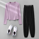 Phigeer large size autumn Pilates yoga clothing suit for women outdoor casual morning running clothing long-sleeved quick-drying clothing fitness training clothing dark purple two-piece set (black trousers) M