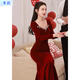 Sisi Velvet Fishtail Bridal Toast Wear High-End Light Luxurious Red Dress Feminine Slim Winter Long Sleeve Annual Party Burgundy S
