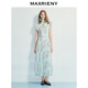 Maxrieny [Gleiches Modell in Fang Yuan] Blue Stern Blumenkleid elegante kleine fliegende Ärmel Falten Temperament Taille-Close Long Kleid Sommer Beige M.