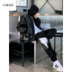 CINESSDMrcyc leather jacket men's high-end fake two-piece patchwork hooded jacket Korean loose fashion brand workwear black L