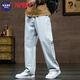 NASA BASE牛仔裤男秋冬加绒男士2025新款弹力潮款男裤宽松直筒休闲阔腿裤子 黑灰 L （建议110-125斤）