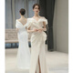 ACJK one-shoulder white evening dress 2025 new French light luxury niche high-end engagement fishtail skirt autumn beige M