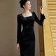 Chu Chan Clothes Mo Qi New Chinese Style Velvet Dress Women 2025 Autumn New Slim Fit Hepburn Style Little Black Dress Black M (Pre-order)