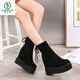 Woodpecker 2025 Autumn and Winter Inner Heightening Thick-soled Short Boots Wedge Super High-heeled Shoes 12CM Mid-calf Boots Suede Stretch Women's Boots Black Heel Height 11cm 34