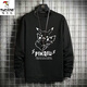 Woodpecker long-sleeved T-shirt men's autumn and winter trendy brand loose round neck bottoming shirt youth casual sports velvet sweatshirt clothes fishing cat white XL