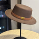 Woodpecker Hepburn style French belt decorated woolen flat top hat female British socialite retro all-match jazz hat khaki color adult 54-60 adjustable