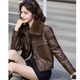 Playboy (PLAYBOY) brand Haining detachable fur collar leather jacket for women 2025 autumn and winter new velvet thickened leather jacket motorcycle wear fur detachable fur collar brown XL size recommended 105-120 Jin Jin equals 0.5 kg
