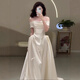 Grosfairy French satin other shoulder light wedding dress bride 2025 new style welcome door veil simple engagement dress white L