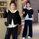 Fantan fat mm three-piece set spring and autumn plus size women's loose belly-covering sweatshirt lace top wide-leg pants suit for women black top + lace bottoming + casual pants (three-piece set) 3XL - recommended 160-190Jin Jin is equal to 0.5 kg