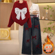 Siyang girls winter 2025 new fashion Korean style thickened Christmas red sweater, medium and large children's velvet jeans suit trendy H white bow sweater and black velvet jeans (120