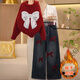 Siyang girls winter 2025 new fashion Korean style thickened Christmas red sweater, medium and large children's velvet jeans suit trendy H white bow sweater and black velvet jeans (120