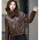 Playboy (PLAYBOY) brand Haining detachable fur collar leather jacket for women 2025 autumn and winter new velvet thickened leather jacket motorcycle wear fur detachable fur collar brown XL size recommended 105-120 Jin Jin equals 0.5 kg