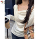 Woodpecker Swing Collar Long Sleeve T-Shirt Women's Autumn New Pure Desire Off-Shoulder Design Slim Bottoming Top Apricot L