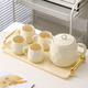 Light luxury household water set with tray, ceramic set, cup, family set, living room teacup, tea set, flower teapot, milky white, 1 pot, 6 cups + tray
