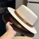 Woodpecker Hepburn style French belt decorated woolen flat top hat female British socialite retro all-match jazz hat khaki color adult 54-60 adjustable