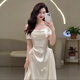 Grosfairy French satin other shoulder light wedding dress bride 2025 new style welcome door veil simple engagement dress white L