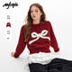 MJ STYLE Qiji red bow short sweater for women 2026 winter sweet style design round neck inner sweater top