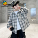 G.duck little yellow duck boys plaid shirt 2025 new children's spring and autumn tops, medium and large children's fashionable hooded outer H1 green hooded plaid shirt 110 cm size recommended height 100-110 cm