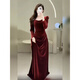 Long-sleeved square neck toast dress for brides new velvet fishtail dress spring engagement party dressing gown dress burgundy_length 140 cm L