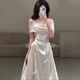 Grosfairy French satin other shoulder light wedding dress bride 2025 new style welcome door veil simple engagement dress white L