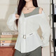 CHOCOOLATE it women's sexy design off-shoulder fake two-piece splicing long-sleeved shirt for women autumn and winter slim waist top for women white M