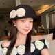 QUEEN TRIP French Elegant Flower Thousand Gold Top Hat Women's Summer Thin Breathable Big Head Circumference Showing Face Small Hepburn Style Beret Hat Flower Top Hat - Black