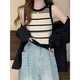 Chaleco de suspensión de punto rayado retro francés para mujeres en verano, exterior, camisa base sin mangas, negro, talla individual, recomendado 85-135 Jin [Jin equivale a 0.5 kg]