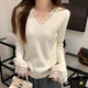 Yu Zhaolin (YUZHAOLIN) knitted bottoming shirt for women French v-neck temperament lace splicing pure desire autumn and winter new long-sleeved inner sweater