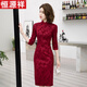 Hengyuanxiang cheongsam 2025 new high-end and elegant high-grade grandma's red embroidered petite mother's wedding banquet dress burgundy JFX lace (length 110CM) 2XL