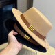 Woodpecker Hepburn style French belt decorated woolen flat top hat female British socialite retro all-match jazz hat khaki color adult 54-60 adjustable