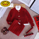 G.duck red sweater parent-child outfit for a family of four 2025 new autumn and winter three-person mother-child mother-daughter style family style fake two pieces/cardigan 100 children's clothing