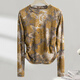 Cypress flower flocked mesh long-sleeved T-shirt for women 2025 autumn new style round neck slim slimming bottoming shirt