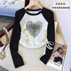 Girls raglan printed T-shirt long sleeves 2026 autumn medium and large children's style drawstring short tops slim bottoming shirt black drawstring butterfly cat 160
