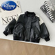 Disney children's leather jacket boys handsome motorcycle jacket baby spring new fleece top leather jacket black fleece 90 cm