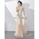 ACJK champagne color evening dress for women 2025 new style, stunning temperament, host one-shoulder fishtail sequined long dress champagne color_ready in stock L