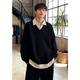 NYING fake two-piece Henry collar sweater for men in autumn and winter new trendy brand lapel sweater thickened warm inner base layer black XL (125-140Jin Jin equals 0.5kg)