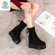 Woodpecker 2025 Autumn and Winter Inner Heightening Thick-soled Short Boots Wedge Super High-heeled Shoes 12CM Mid-calf Boots Suede Stretch Women's Boots Black Heel Height 11cm 34