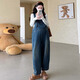 Ailanting's new autumn and winter pure cotton denim overalls for pregnant women, loose wide-leg overalls, slimming knitted V-neck tops, 2 sets, blue single-piece overalls L recommended 115-130 Jin Jin equals 0.5 kg